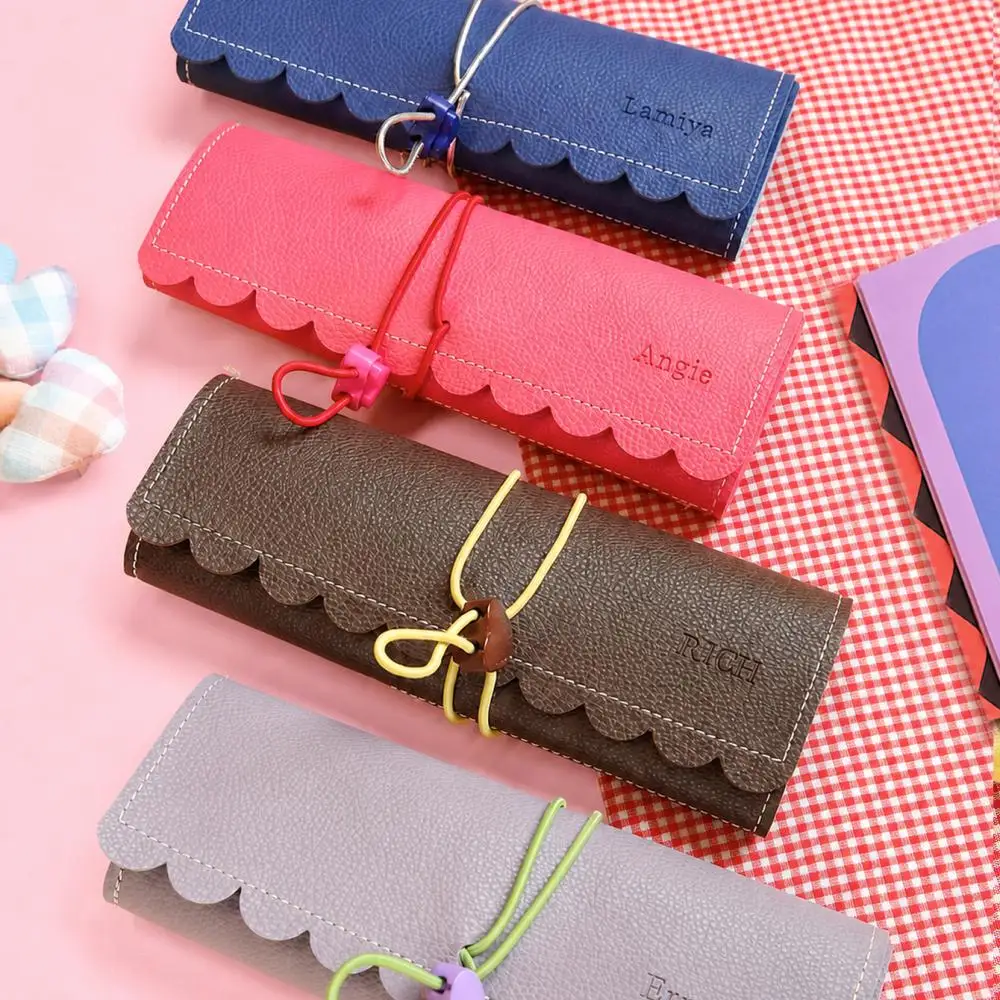 Scalloped Edge PU Leather Custom Name Makeup Brush Holder Elastic Band MultiSlot Cosmetic Brush Organizer Travel Customized Gift