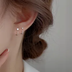 Fashion Stainless Steel Square Earrings For Women Silver Color Ear Studs Round Bead Tragus Cartilage Piercing Jewelry Gifts