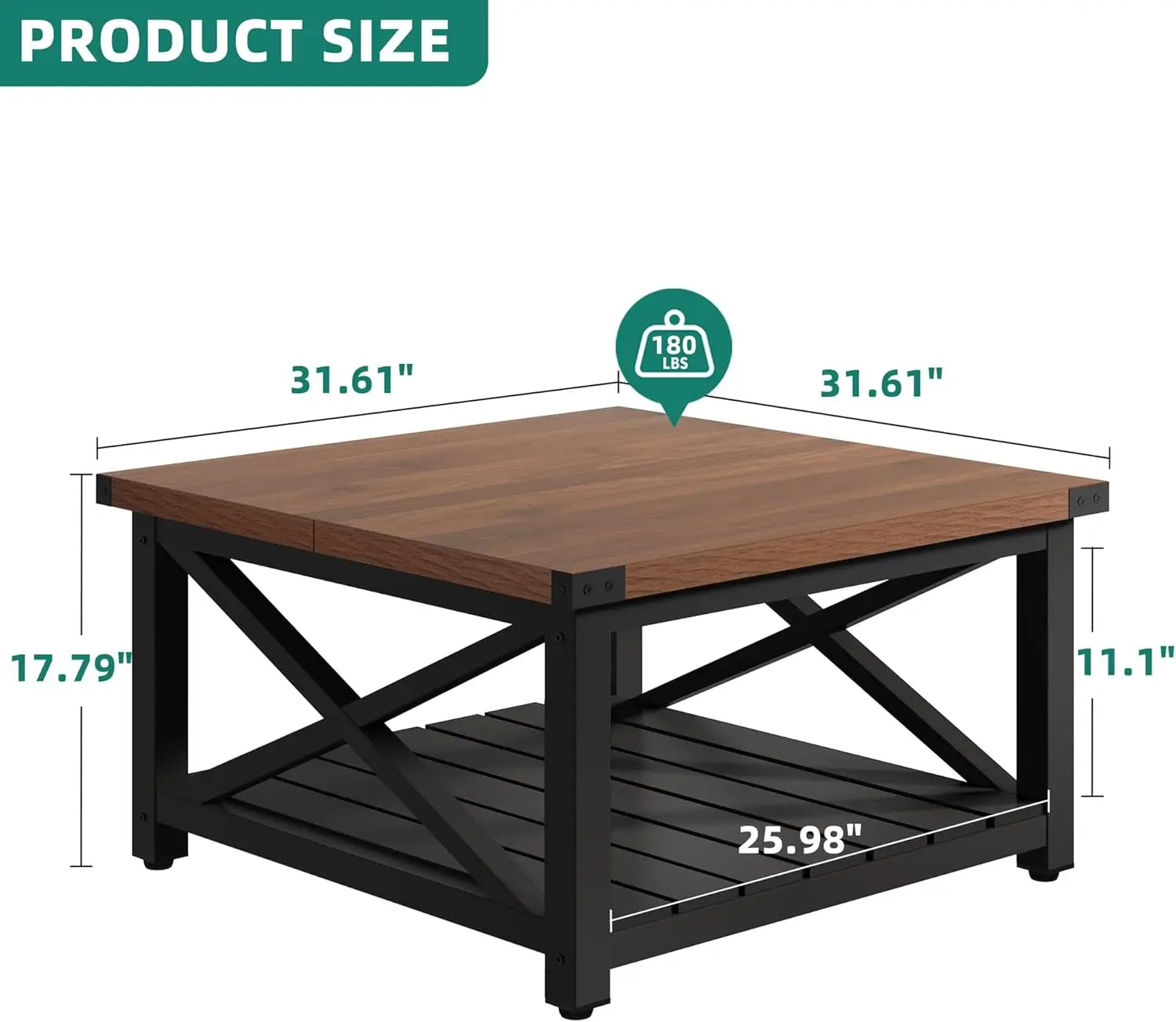 Square Coffee Table for Living Room, Vintage Living Room Table with Shelf, Coffee Table with Storage