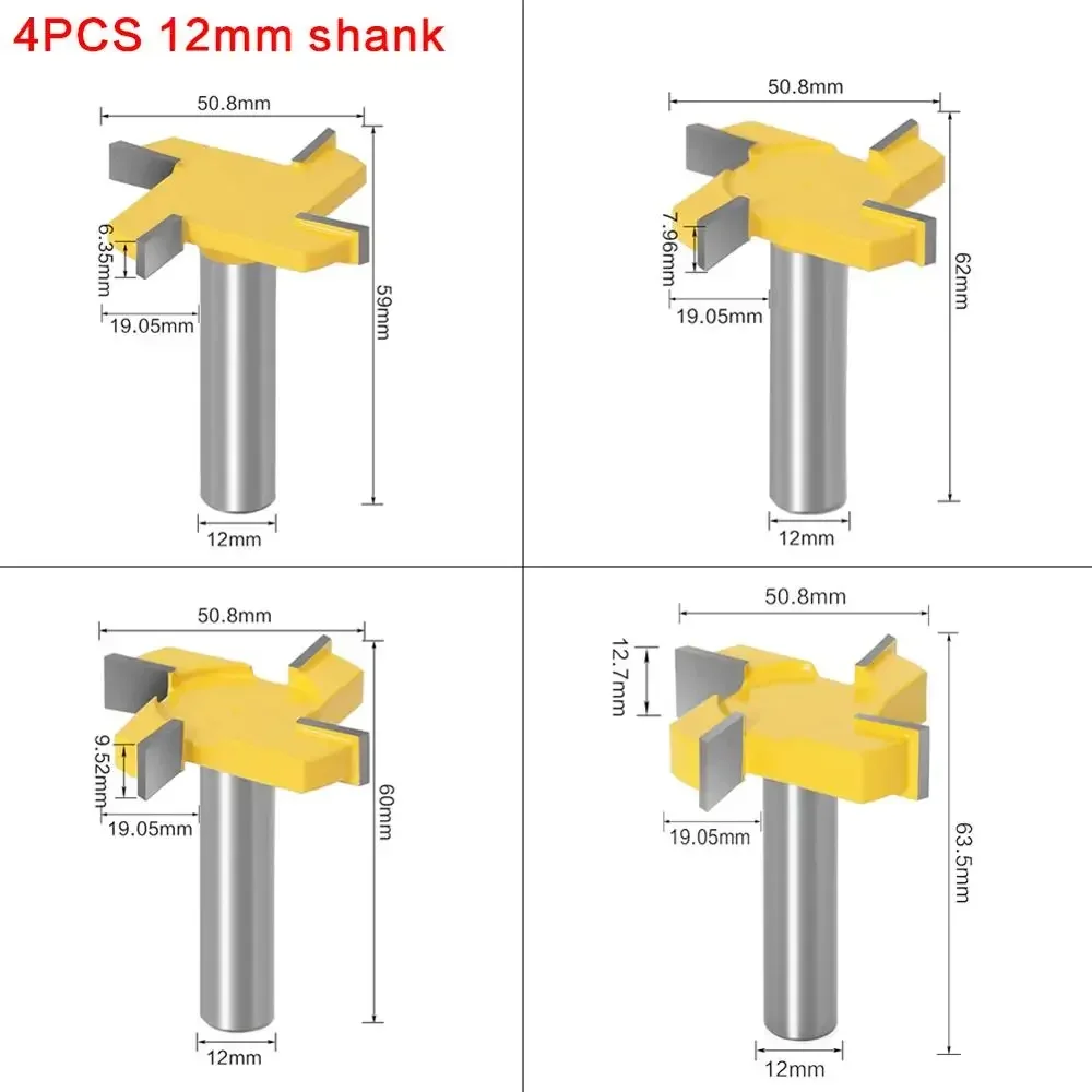 1PC 1/2 "12.7MM 12MM Shank Milling เครื่องตัดไม้แกะสลัก 4 ขอบ T ประเภท Slotting เครื่องตัดไม้เครื่องมือ Router Bits สําหรับไม้