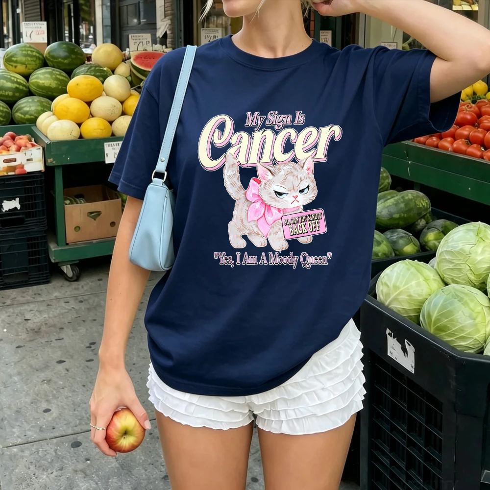 My Sign Is Cancer Moody Cat Zodiac Sign Graphic Tshirt Women Cancer Horoscope Cute Kitty Print Crewneck Astrology Gift Loose Top