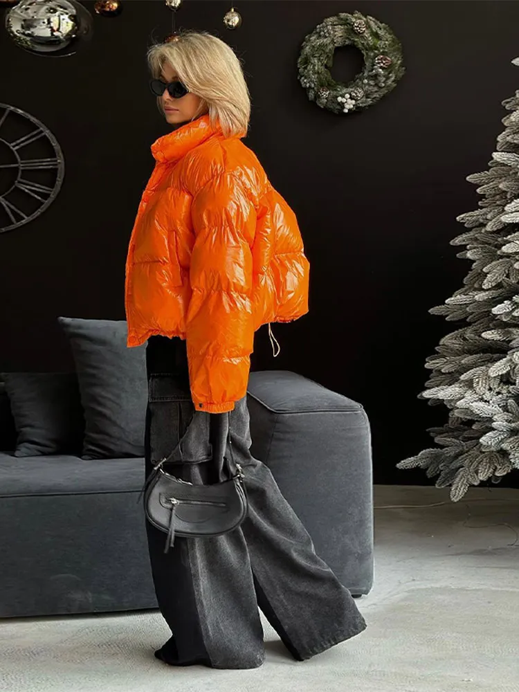 Women Winter Warm Orange Glossy Down Jacket Fashion Stand Collar Single Breasted Zipper Short Coat Chic Lady Street Thick Jacket