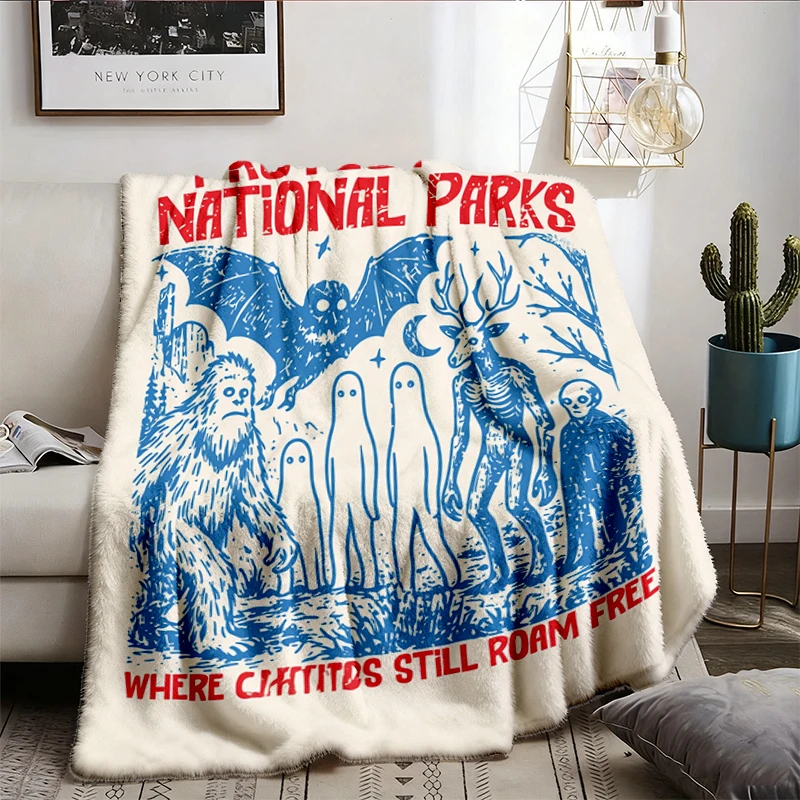 Vintage Cryptid Creatures National Parks UNISEX Cozy Blanket : 90s Protect Our Parks Vintage Camping Hiking Flannel Thro