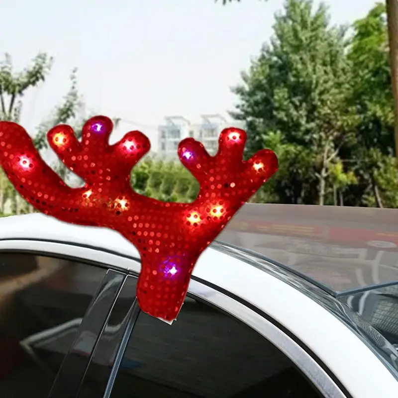 Car Decoration Christmas Reindeer Light up Reindeer Antlers Nose Kit Holiday Automotive Decor Car Costume Accessories for Trucks