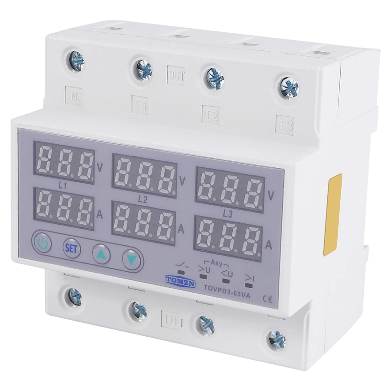 Din Rail 3 Phase Voltage Relay 380V Voltmeter Ammeter Over And Under Voltage Monitor Relays Protector Adjust Current 63A