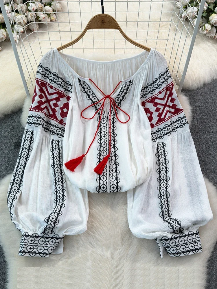 2024 Spring Retro Embroidered Shirt Top Female Lace Up Tassel Loose Lantern Sleeves Ethnic Style Blouse Female A46