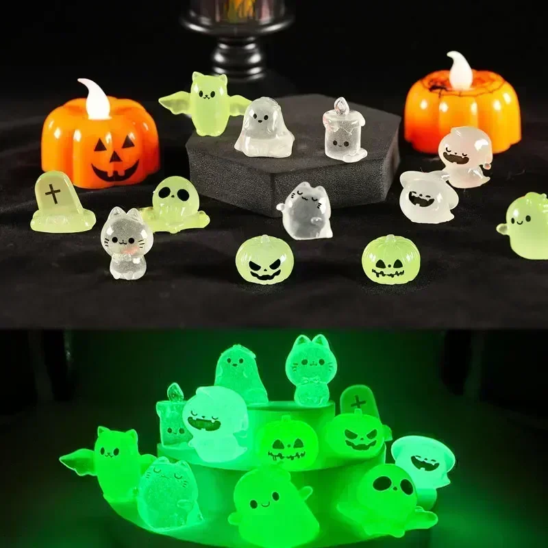 6 Stück Mini leuchtende Figuren Mini Katze Geist Kürbis Fledermaus Schädel Kerze leuchten in dunklen Mikro landschaft Miniaturen für Urlaub Halloween