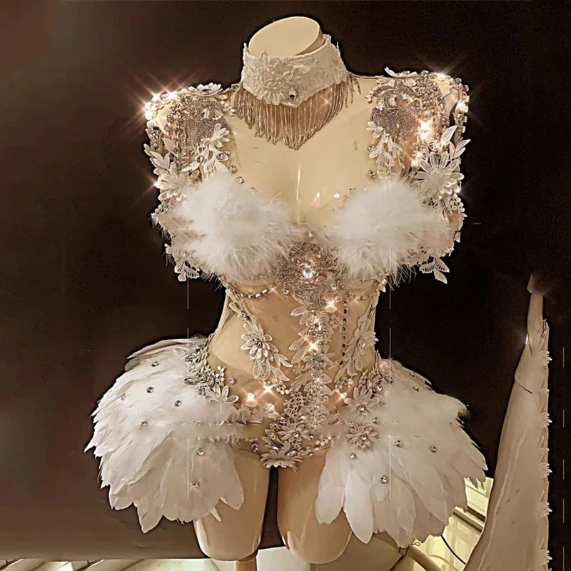 Full Diamond Feather Cutout Bodysuit Sexy Pole Dance Clothing Bar Nightclub Ds Dj Women Gogo Costumes Stage Rave Outfit XS6266