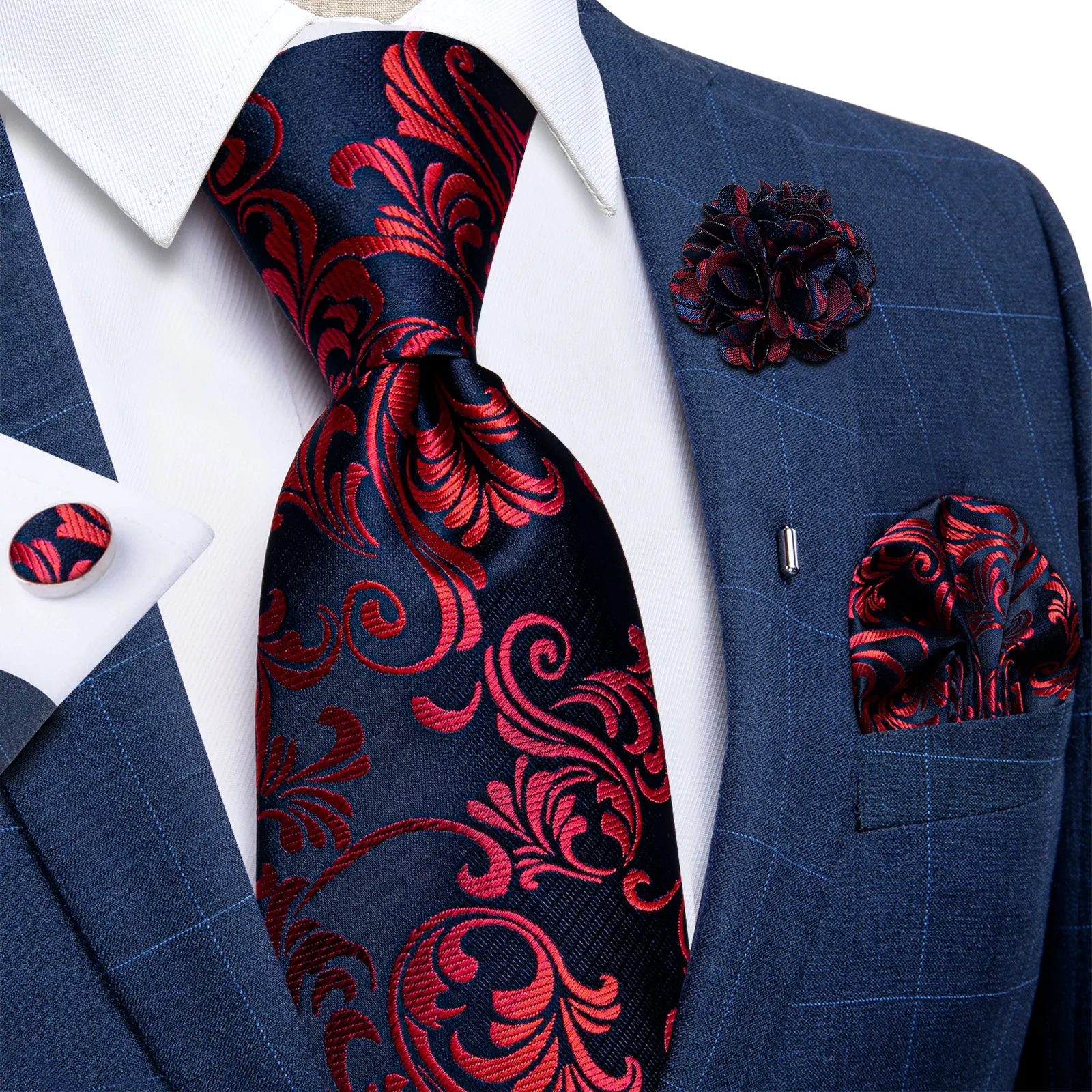 Luxury Red Floral Blue Silk Ties For Men 8cm Wide Necktie Set Pocket Square Cufflinks Brooch Pin Wedding Accessories Men's Gift