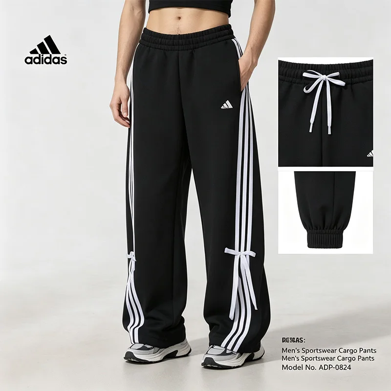 Adidas Women 3 Stripes Bow Tie Wide Leg Sweatpants High Waist Loose Casual Sports Joggers Streetwear Fashion Black Trousers