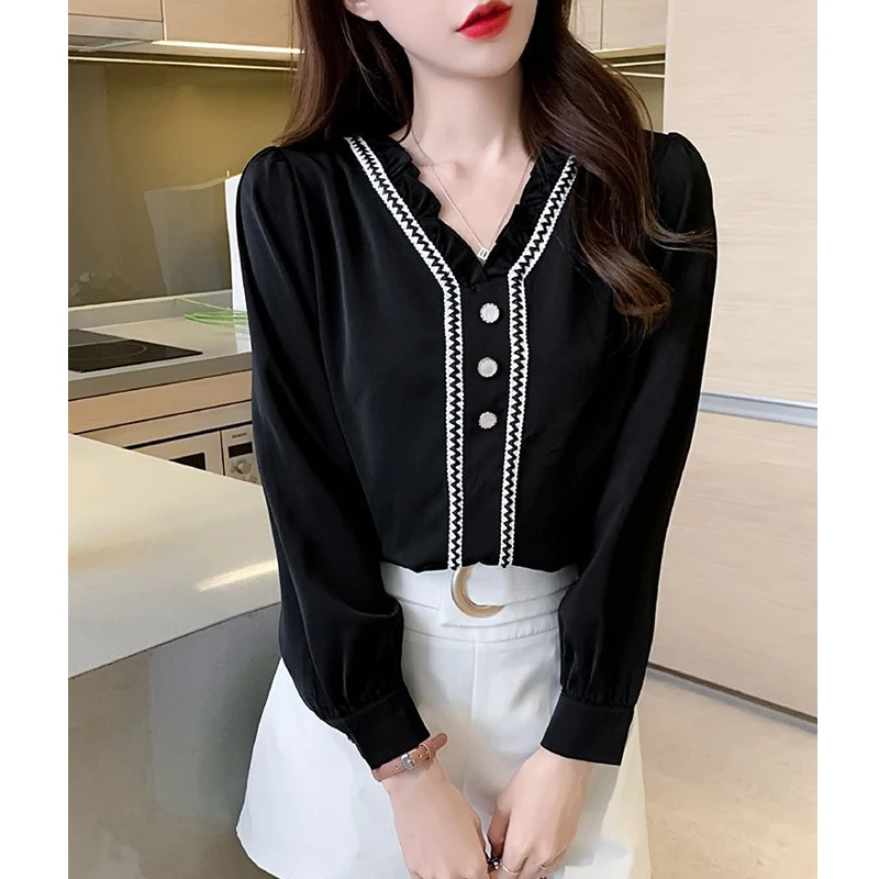 Ruffle Lace Patchwork Elegant Chic Sweet Black White Commute Blouse Top Women 2023 Spring Autumn Fashion Slim Long Sleeve Shirts