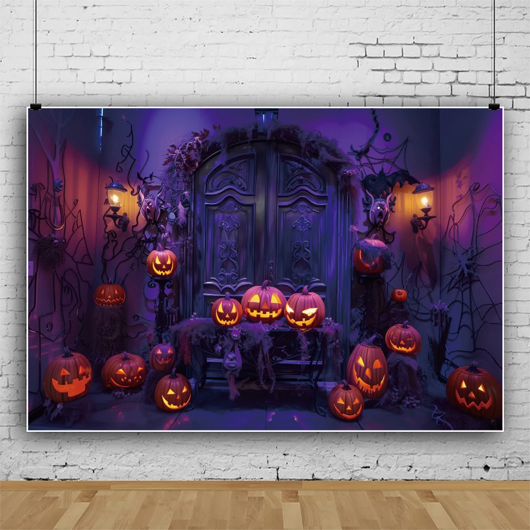 Halloween Party Backdrop Decor Pumpkin Lanterns Retro Castle Door Kids Portrait Photography Background Photostudio Photo Props