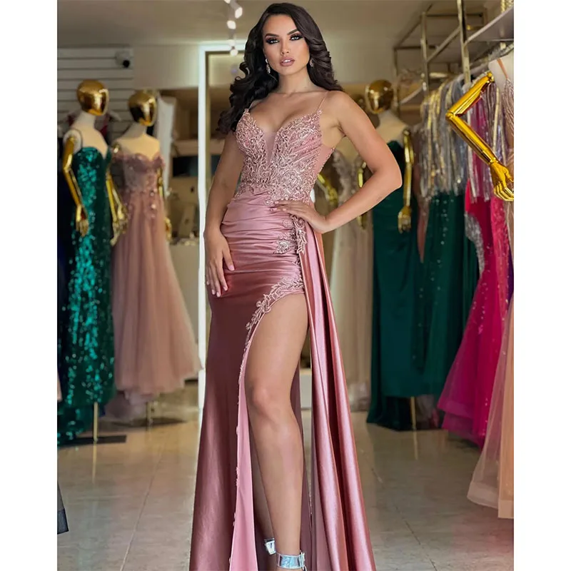 

Sexy Dust Pink Prom Dress Straps Appliqued Beaded Evening Dress Elegant Pleats Side Train Split Formal Dresses for Women