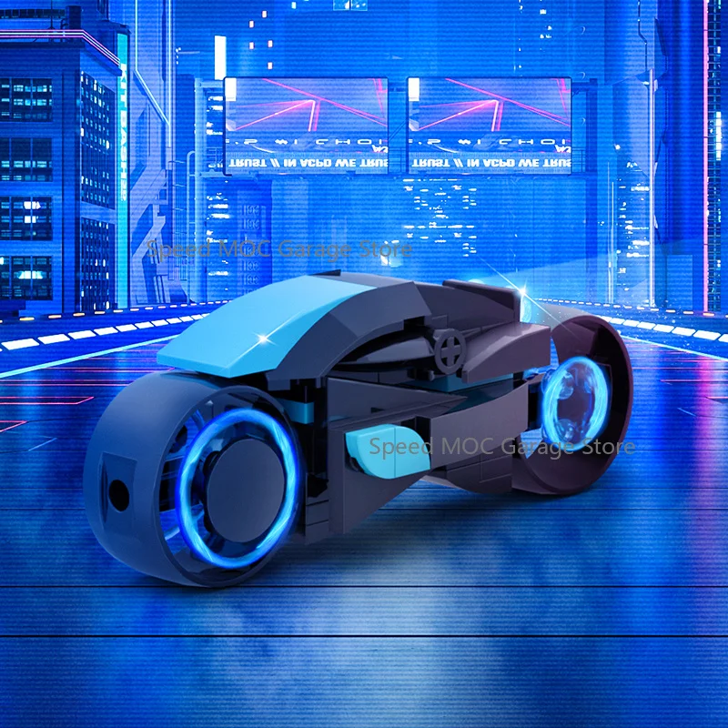 Futuristic Light Cycle MOC Building Blocks Set - Black & Cyan Sci-Fi Glowing Motorcycle Replica Model