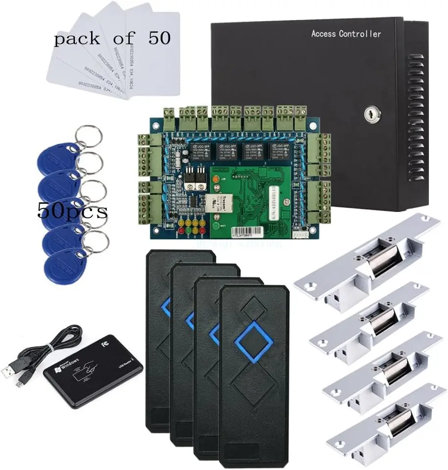 

TCP/IP 4 Door Entry Control Panel Kit Electric Strike Fail Secure NO Mode Lock Enroll RFID USB Reader 110-240V Power Supp