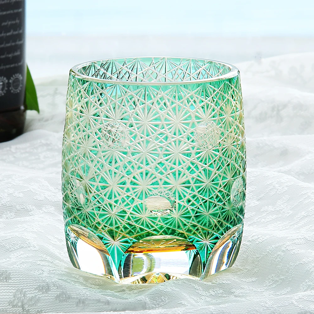 

Handmade Edo Kiriko Japanese Glass Tumbler Green Daisy Art 300ml Traditional Cut Glass Cup for Whisky,Luxury Gift