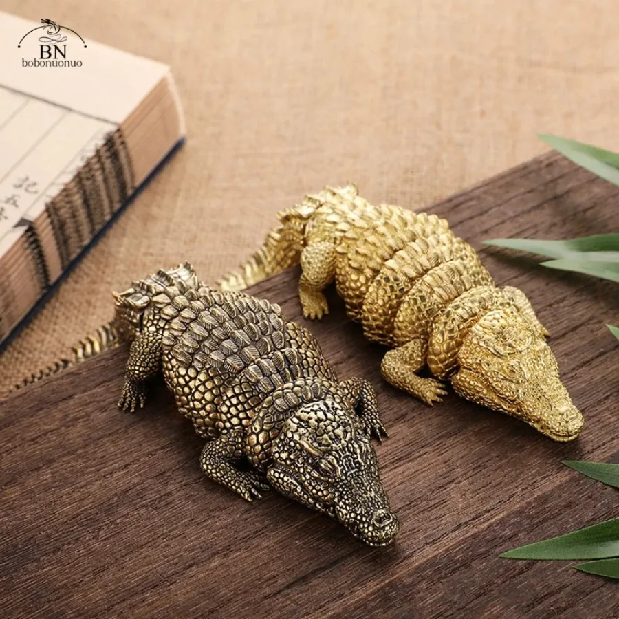 Antique Brass Crocodile Alligator Figurine 3D Articulated Animal Statue with Movable Joints Vintage Home Desk Decor Ornament