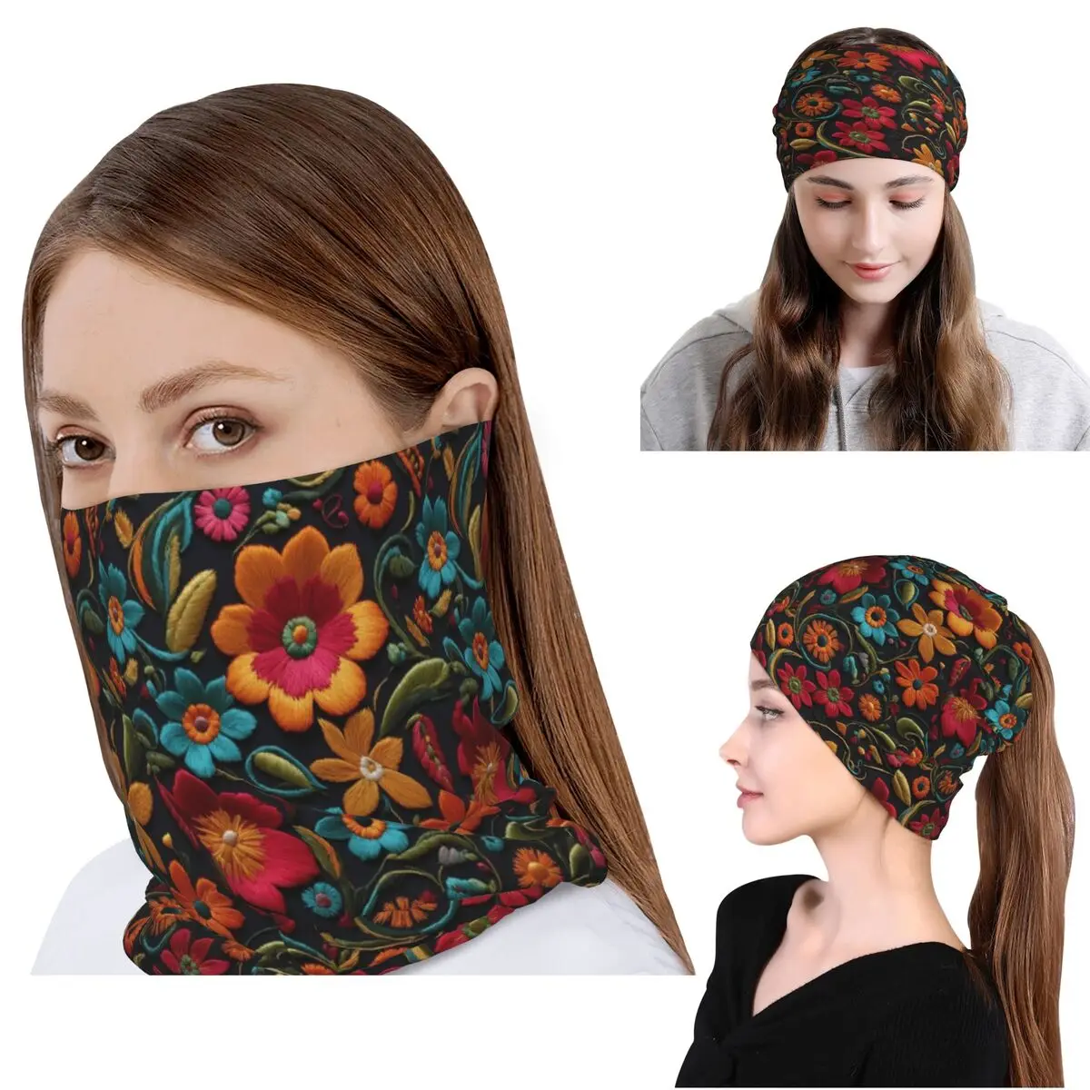 Mexican Flroal Rebozos Mexicanos Bandana Neck Gaiter Wrap Mask Scarf Multifunction Cycling Scarf Beanies Hat for Adult Washable