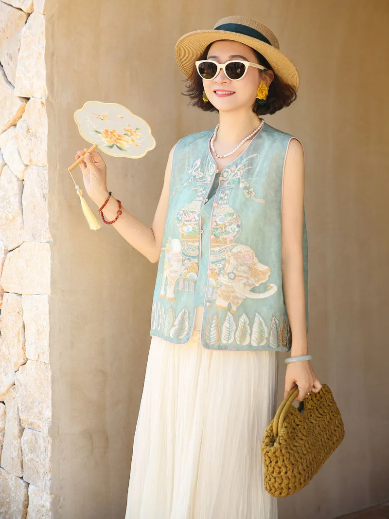

Elegant Vintage Silk Vest Spring Loose Fit Versatile High Quality Embroidery Women's Outerwear Fashionable round Neck