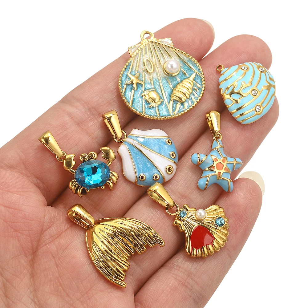 4pcs Stainless Steel Summer Sea Charms Shell Turtle Conch Gold Pendants Jewelry Making DIY Women Necklace Earrings Accessories