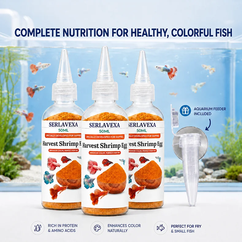 SERLAVEXA Mikron-Garnelen-Ei-Pulver Fischfutter, Kein Ausbrüten Nötig, Farbverstärkende Ernährung für Guppy-Betta-Jungfische mit Dosierwerkzeug – Detail 1