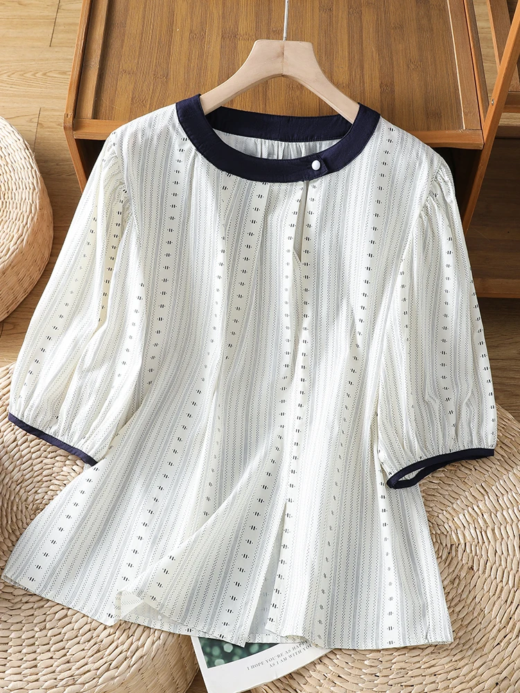 

Trendy Color Block round Neck Striped Short Sleeve Shirt plus Size Women's Summer New Unique Overhead Top Cotton Bubble Sleeve