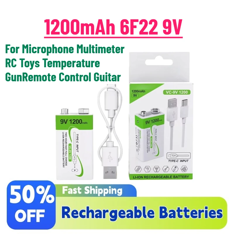 

In Stock 1200mAh 6F22 9V Li-ion Battery Rechargeable for Microphone Multimeter RC Toys Temperature GunRemote Control Guitar