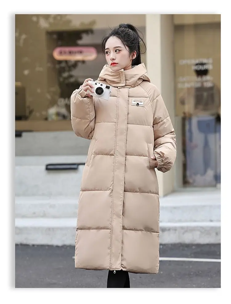 Long Hooded Puffer Coat Women Contrast Collar Warm Quilted Parka Zip‑Up Loose Windproof Winter Outerwear Ladies Padded Jacket