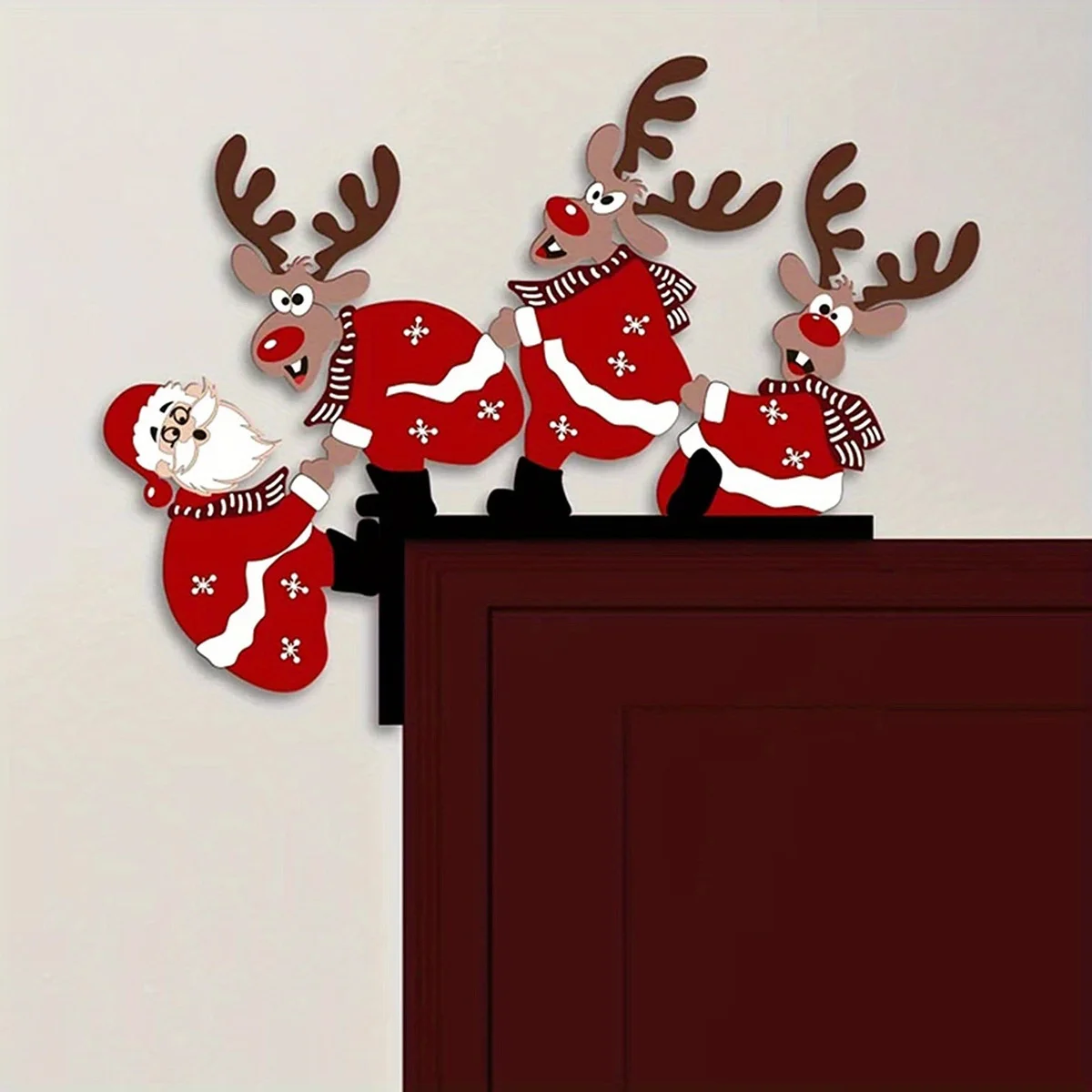1pc Hand-Crafted Metal Xmas Door Corner Plaque. Features Santa And Reindeer with Red-White Patterns.2D Flat