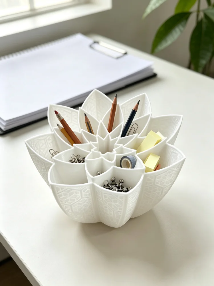 Stationery And Office Supply Stores - ที่ใส่ปากกาทรงดอกบัวที่สวยงามโดดเด่น สำหรับจัดระเบียบเครื่องเขียนบนโต๊ะทำงาน ดีไซน์รูปทรงกลีบดอกไม้พร้อมช่องเก็บของหลายช่อง พื้นผิวมีลวดลายตกแต่งสร้างสรรค์ เหมาะสำหรับเก็บปากกา ดินสอ