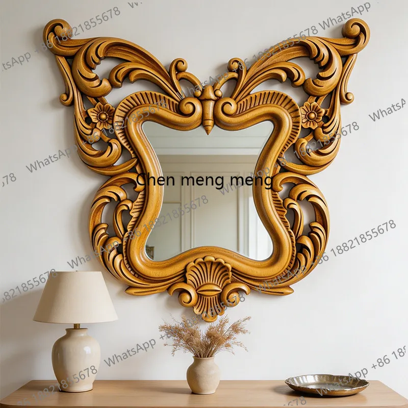 Retro French butterfly carved wall mirror light luxury special-shaped decorative mirror entrance living room