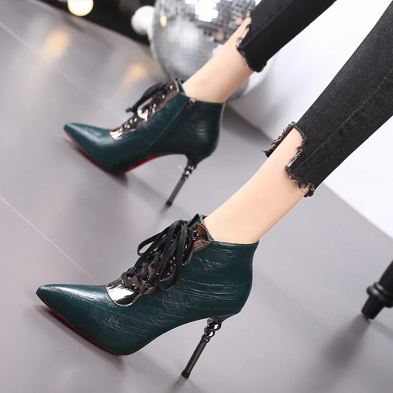 FHC 2024 New Women Naked Boots,High Heeled Autumn Shoes,Short Botas,Front Lace-up,Pointed Toe,34-39,Black,Green,Dropship