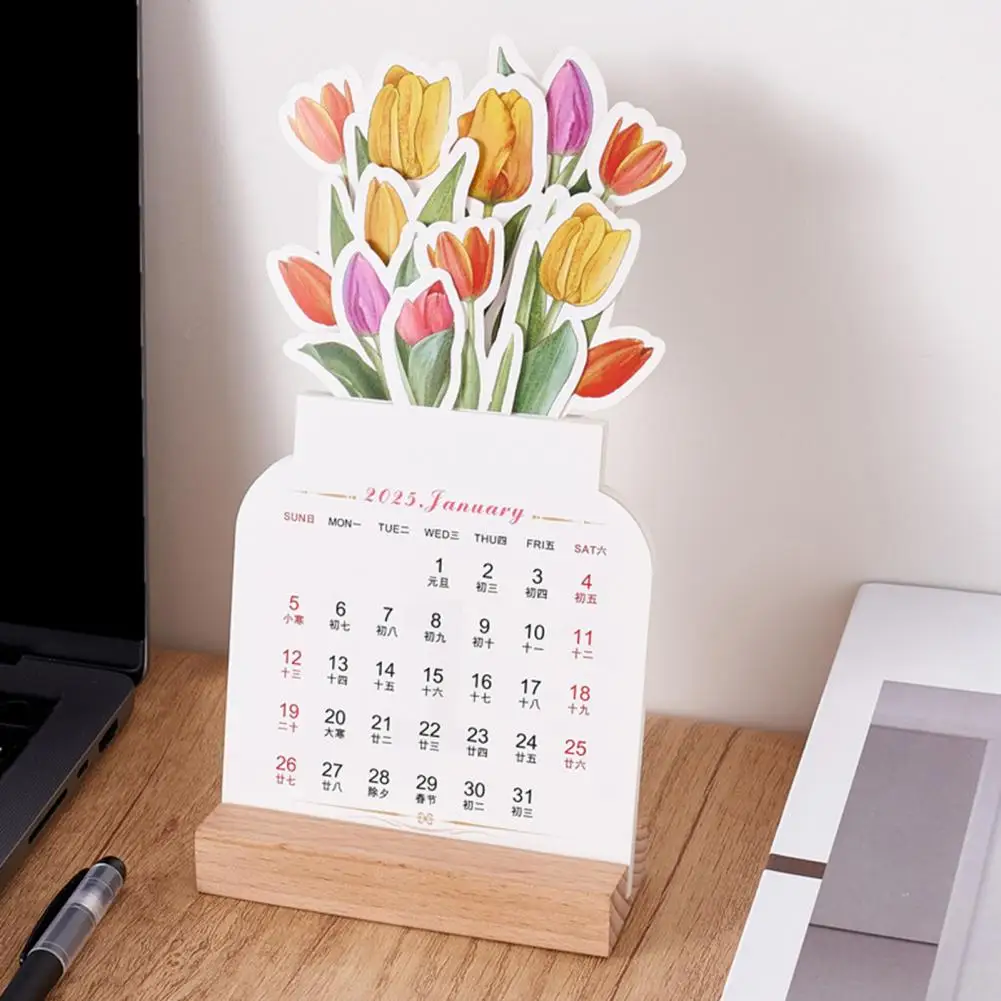 2025 Blooming Flowers Calendar Standing Flower Desk Calendar with Wooden Base Detachable Monthly Cards Postcard Calendar for Hom