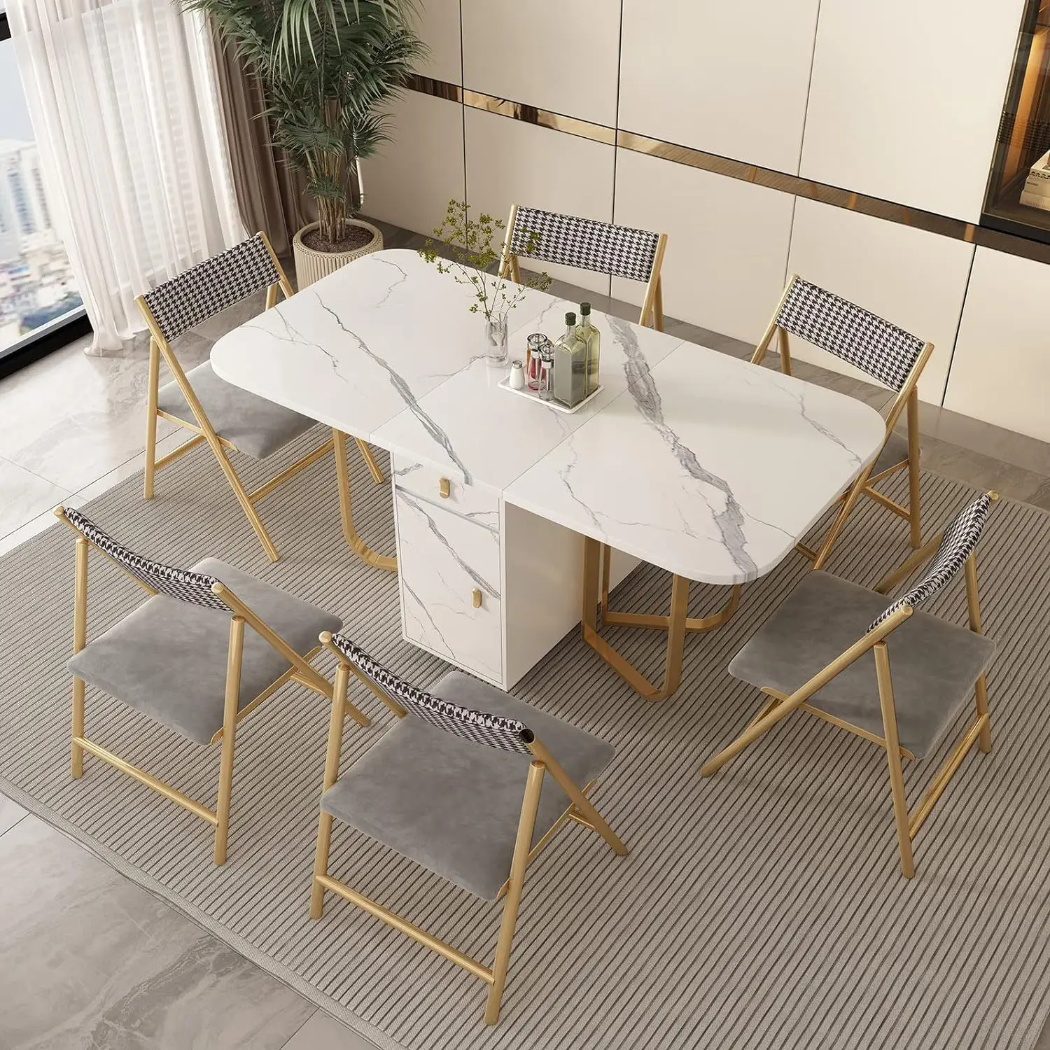Rectangle folding dining table Small apartment retractable dining table Marble pattern dining table