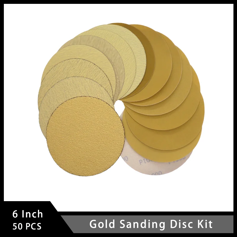 6 Inch Gold Sanding Disc Kit 50 Pcs Assorted 80/120/220/320/400 Grits Hook & Loop Backing Sandpaper for Woodworking Wood Metal