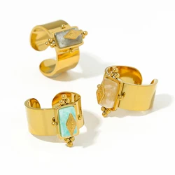 WILD & FREE 18K Gold Plated Stainless Steel Natural Stone Rings for Women Vintage Luxury Adjustable Wide Ring Waterproof Jewelry