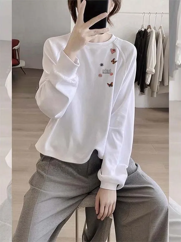 

Белая футболка с принтом Long Sve, женская свободная простая базовая футболка, круглый универсальный топ, корейский Sle Commute Faion