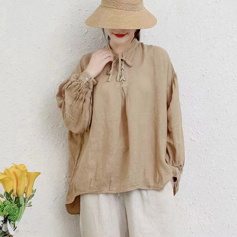 Johnature Vintage Linen Spring Women Tie Shirts 2024 All Match Casual Solid Color Irregular Female Blouses