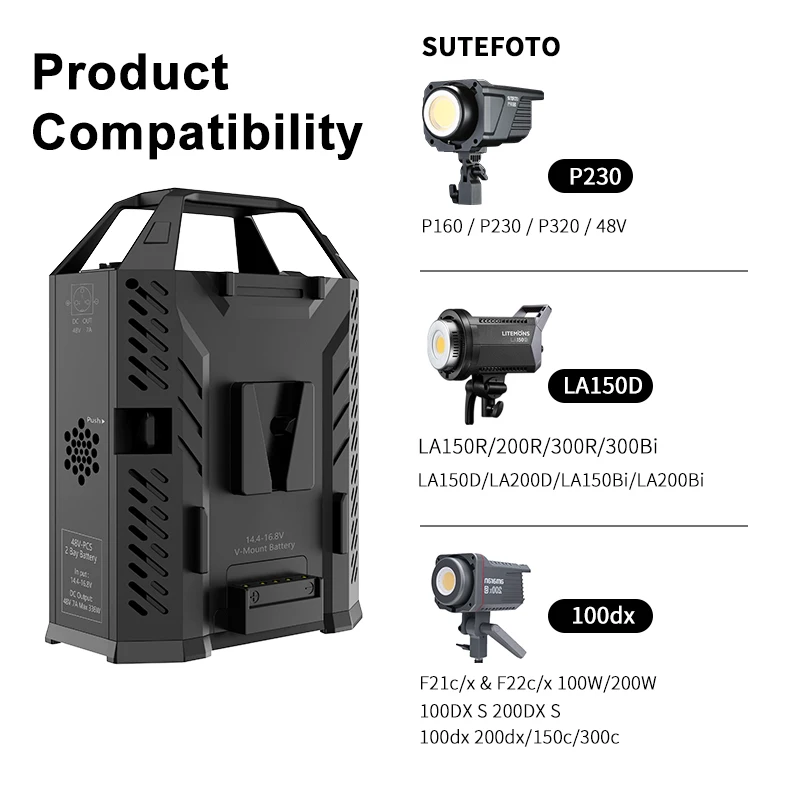 Sutefoto bateria dupla 48v peças caixa de alimentação v montagem carregador de bateria canal duplo para p160/la150r/amaran f21c/amaran série s