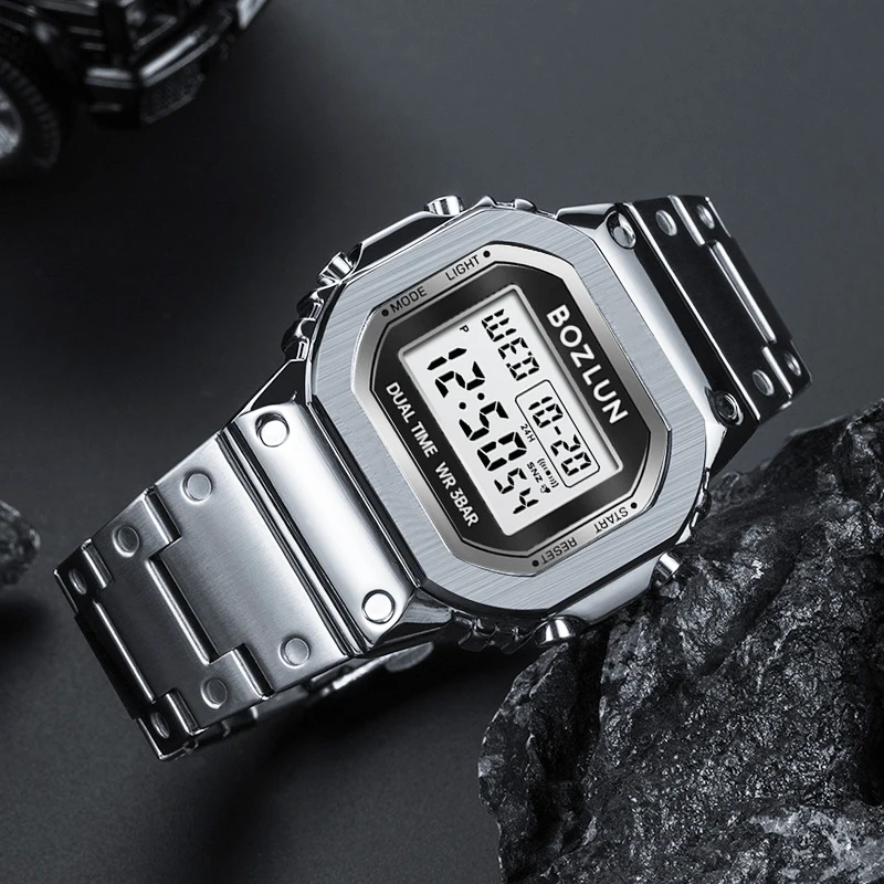 ساعة BOZLUN للأعمال الإلكترونية الرقمية المقاومة للماء للرجال والنساء، ساعة يد بسيطة من الفولاذ المقاوم للصدأ بشريط EL خفيف Reloj Hombre