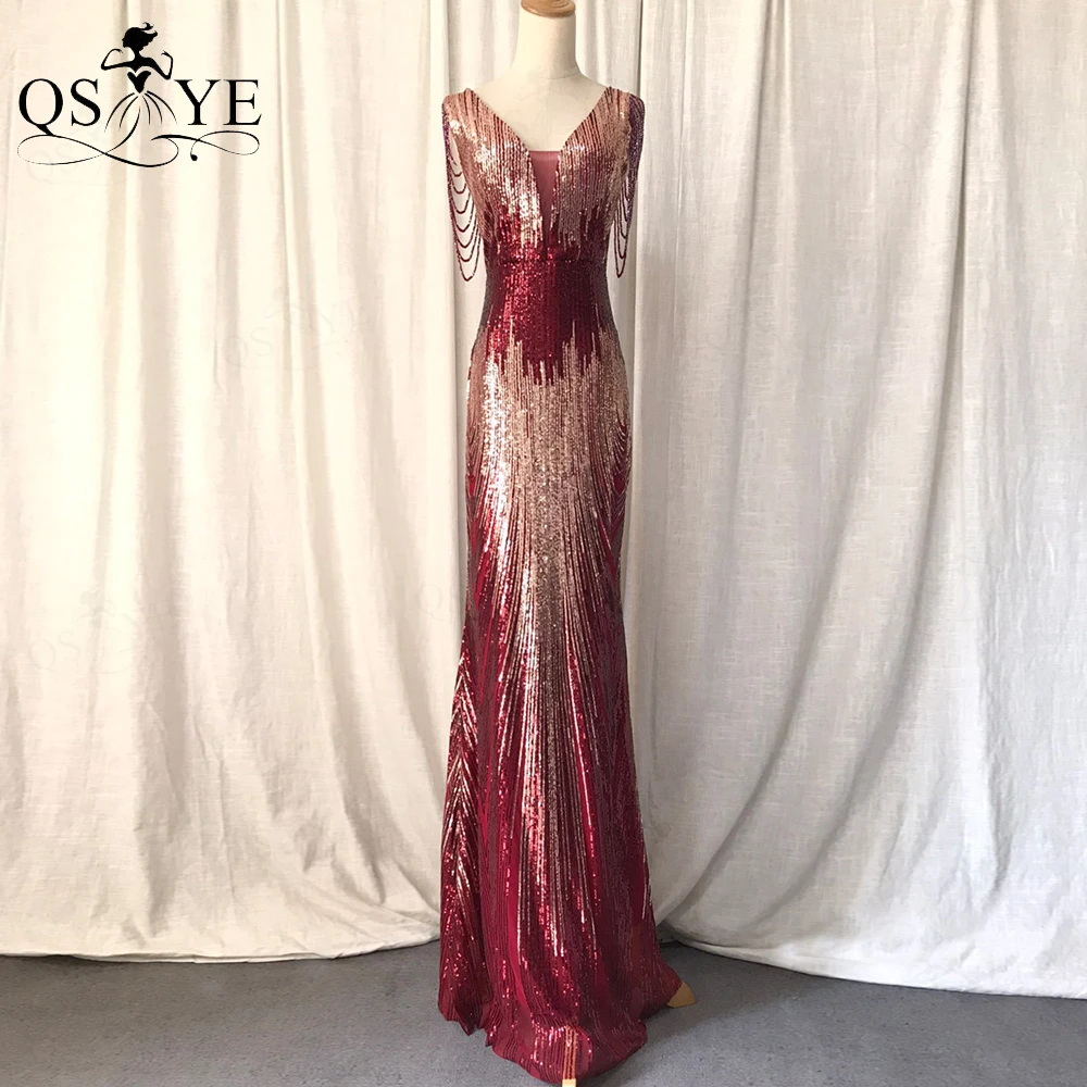 

Luxury Glitter Red Evening Dresses Beading Straps Fade Sequin Mermaid Prom Gown Elegant Party Sparkle Burgundy Formal Dress Chic