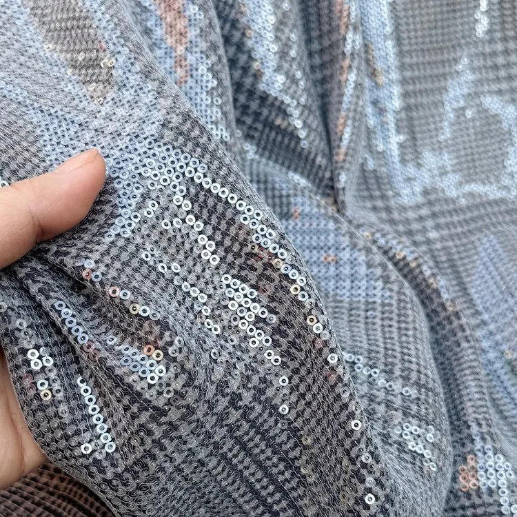 Black Gray Plaid Sequin Embroidery Opaque Fabric Designer Fabric for dresses shirts designer apparel Modern Atelier Development
