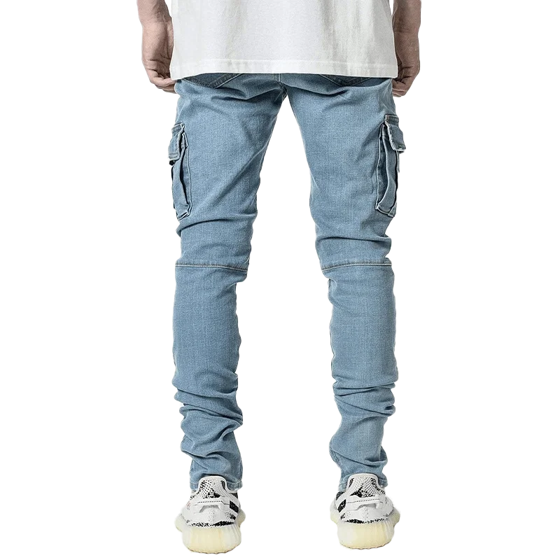 Jeansy męskie czarne spodnie Cargo wiele kieszeni dżinsowe pantalony niebieskie Slim Fit Overol Hombre modne spodnie casualowe w stylu Streetwear 3XL