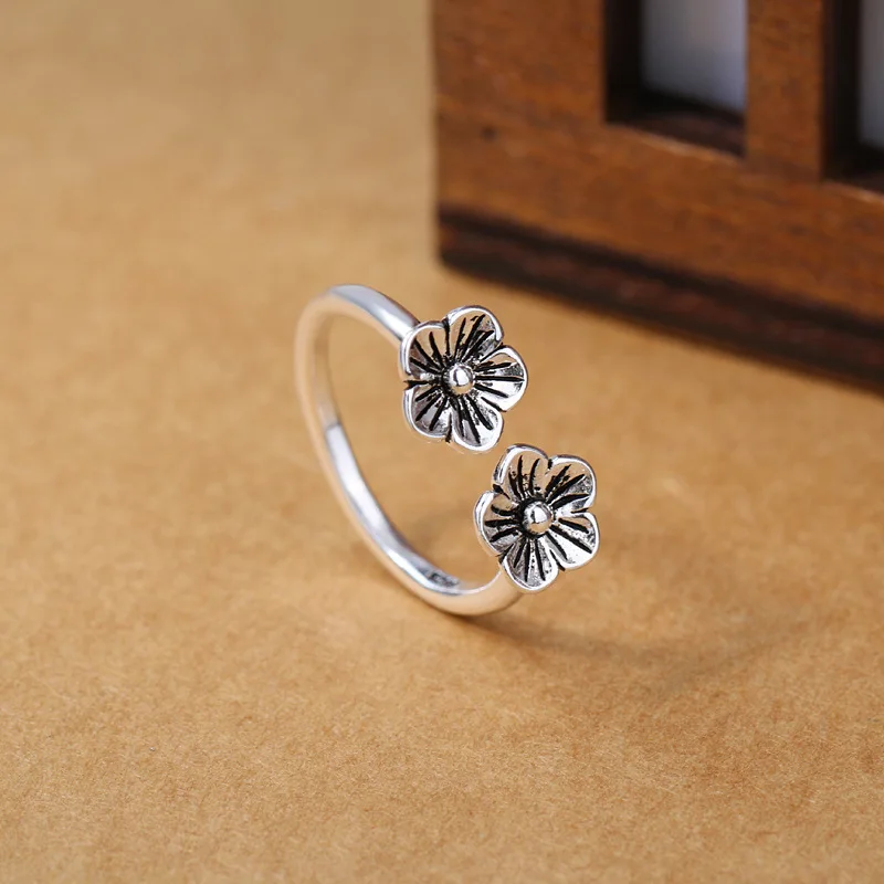 New Retro Personality Couple Creative 925 Sterling Silver Jewelry Plum Flower And Bamboo Opening Rings R343