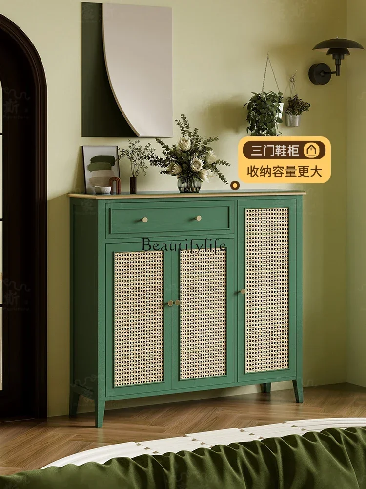 

ld25 American retro solid wood rattan storage cabinet entry shoe change stool shoe cabinet