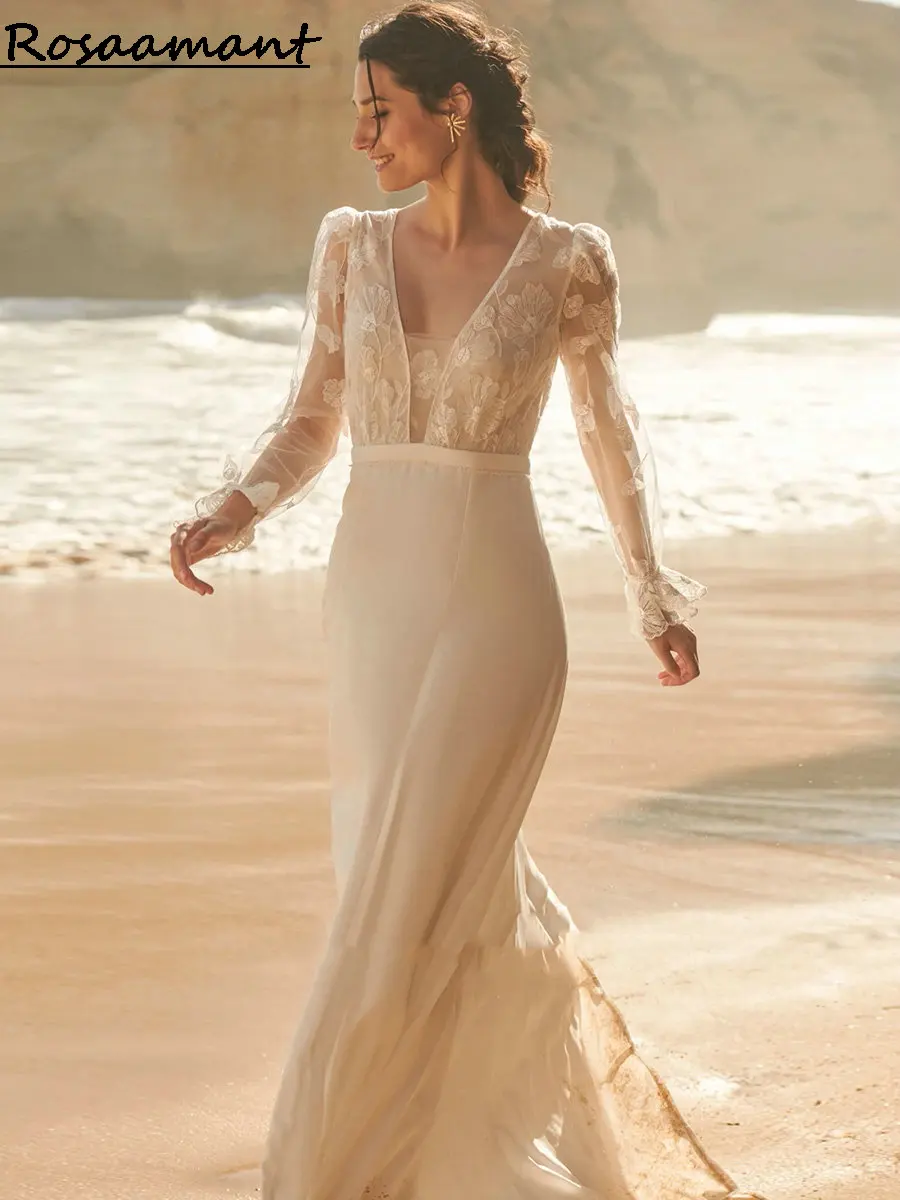 Country Backless Appliques Lace Mermaid Wedding Dresses Illusion V-Neck Long Sleeve Boho Bridal Gowns