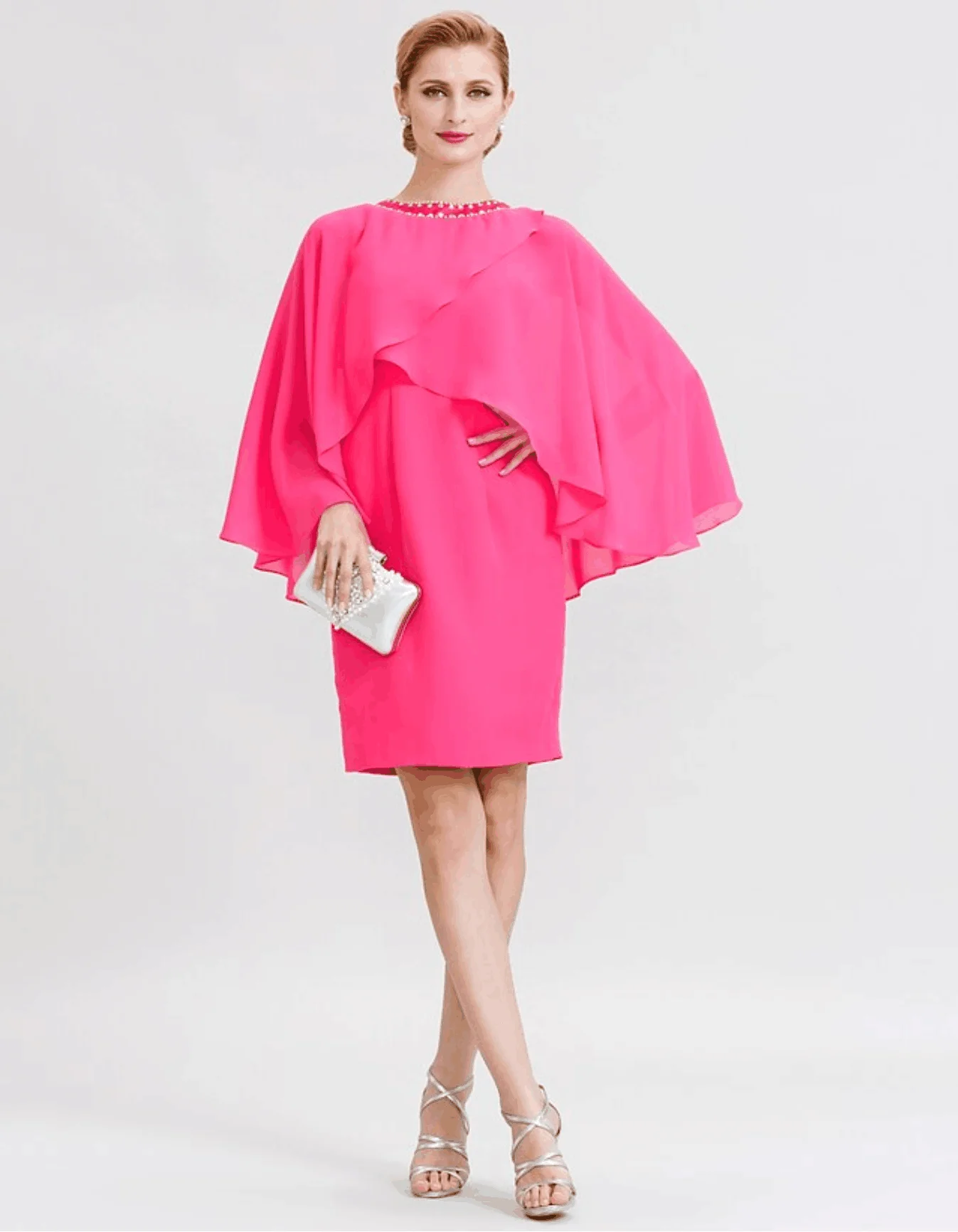 

Scoop Neck Chiffon Length Sleeve Asymmetrical Knee-Length Mother of the Bride Dress