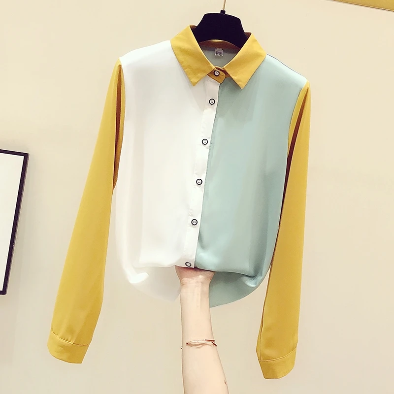 

Color Contrast Patchwork Blouse Women High Quality Chiffon Long Sleeve All Match Chic Design Spring Summer Top Ladies Shirt