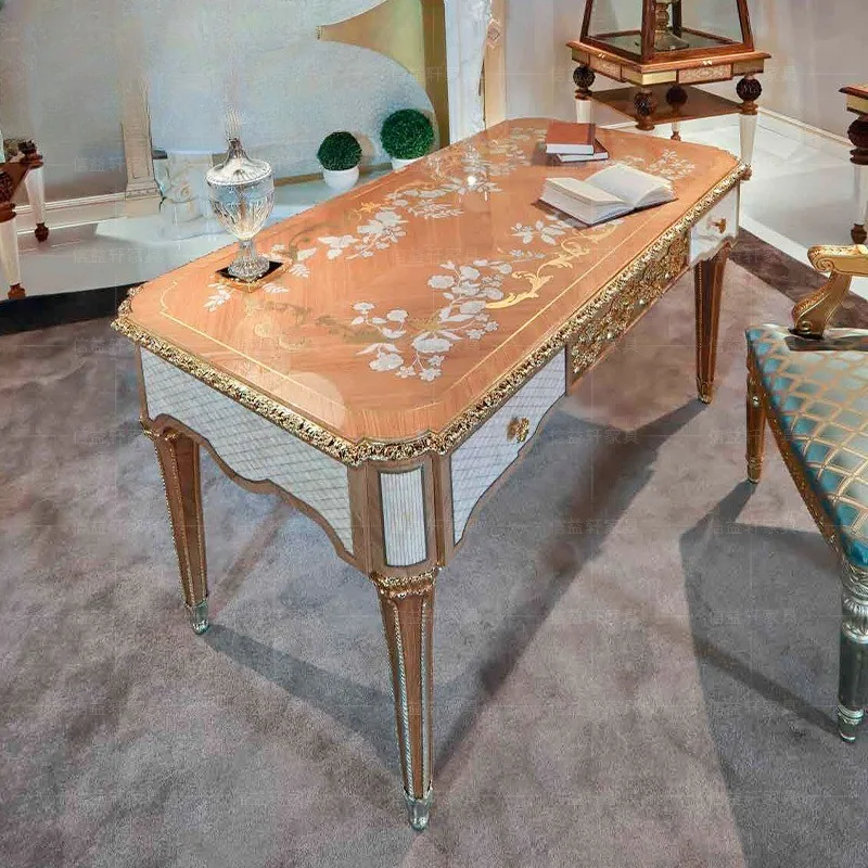 Solid wood carving flower shell parquet computer desk luxury bookcase office villa study furniture