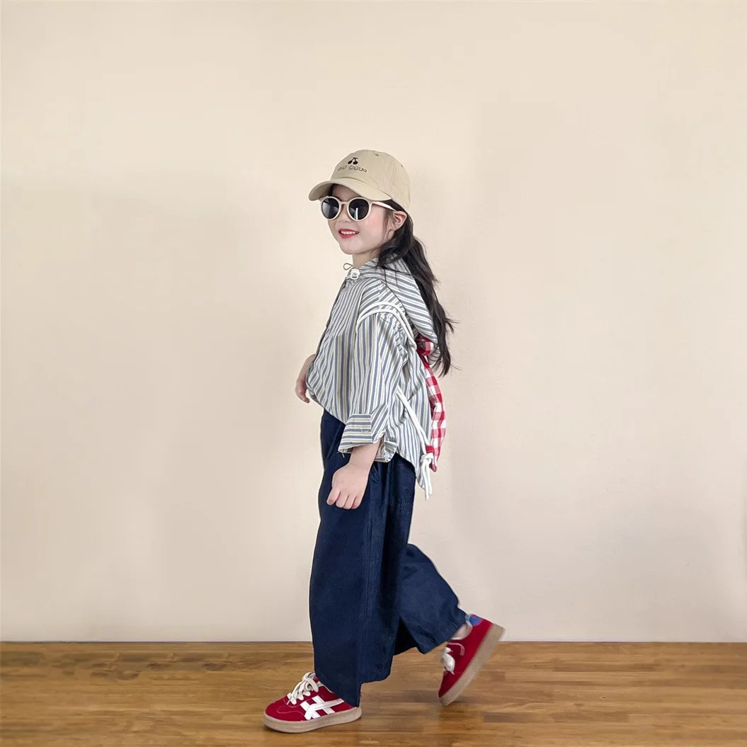 Camisa de manga larga con capucha a rayas coreanas para niñas, cubierta de pantalones vaqueros suaves de pierna ancha recta de cintura alta, primavera y otoño